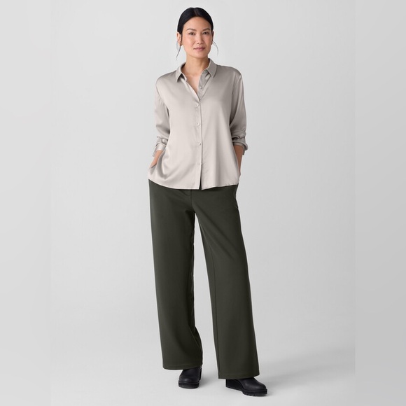 NWT Eileen Fisher Stretch Silk Charmeuse Classic Collar Shirt in Chalk - Picture 2 of 11